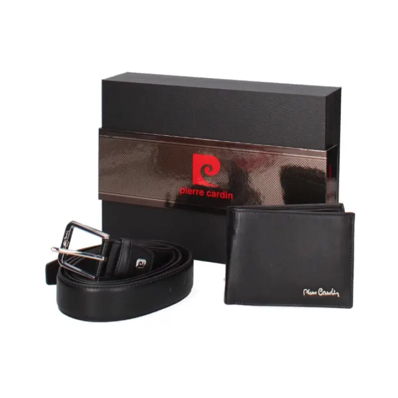 Pierre cardin, set de curea si portofel de piele 2 piese, negru, model cz001